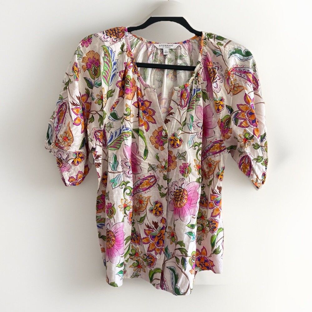 Liverpool Los Angeles Womens Peasant Top Small Pink Floral Blouse Cottagecore